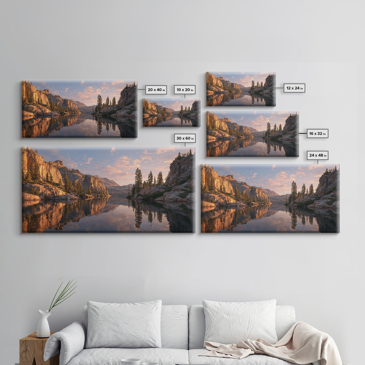 Golden Hour Mountain Lake Landscape With Reflection And Trees Framed Canvas Print Rustic Wall Art For Living Room Decor