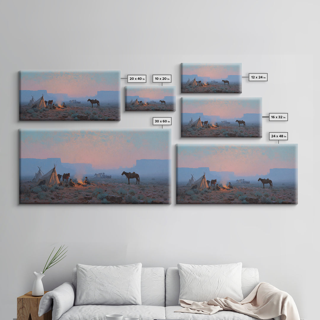 Rustic Cowboy Campfire Scene Oil Painting Wall Art Showcasing Western Lifestyle With Horses For Farmhouse Living Room Decor Framed Canvas Print