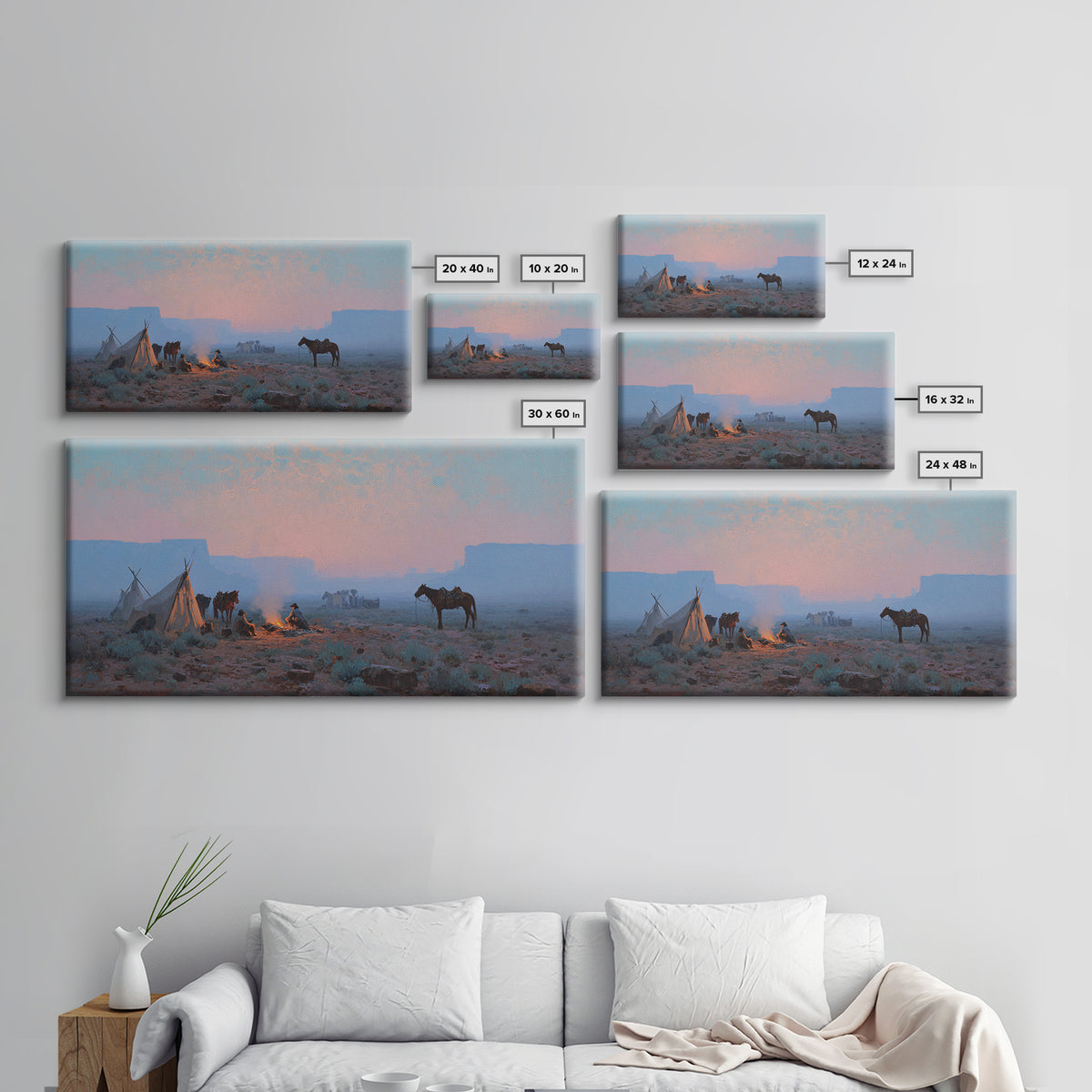 Rustic Cowboy Campfire Scene Oil Painting Wall Art Showcasing Western Lifestyle With Horses For Farmhouse Living Room Decor Framed Canvas Print
