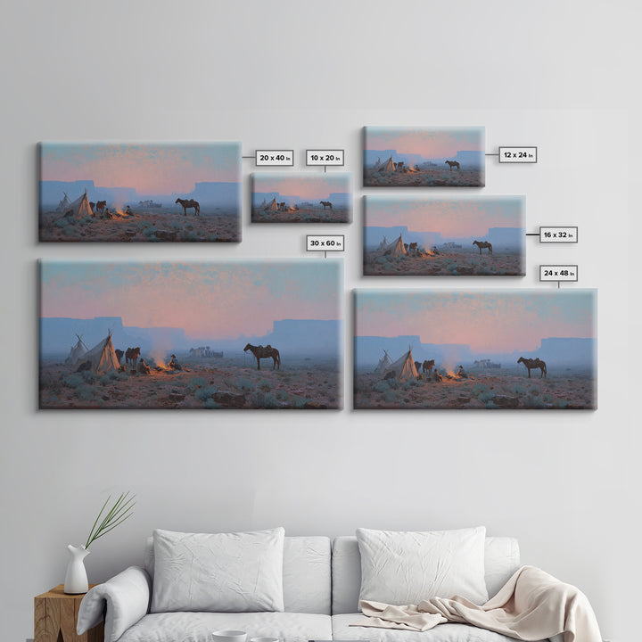 Rustic Cowboy Campfire Scene Oil Painting Wall Art Showcasing Western Lifestyle With Horses For Farmhouse Living Room Decor Framed Canvas Print