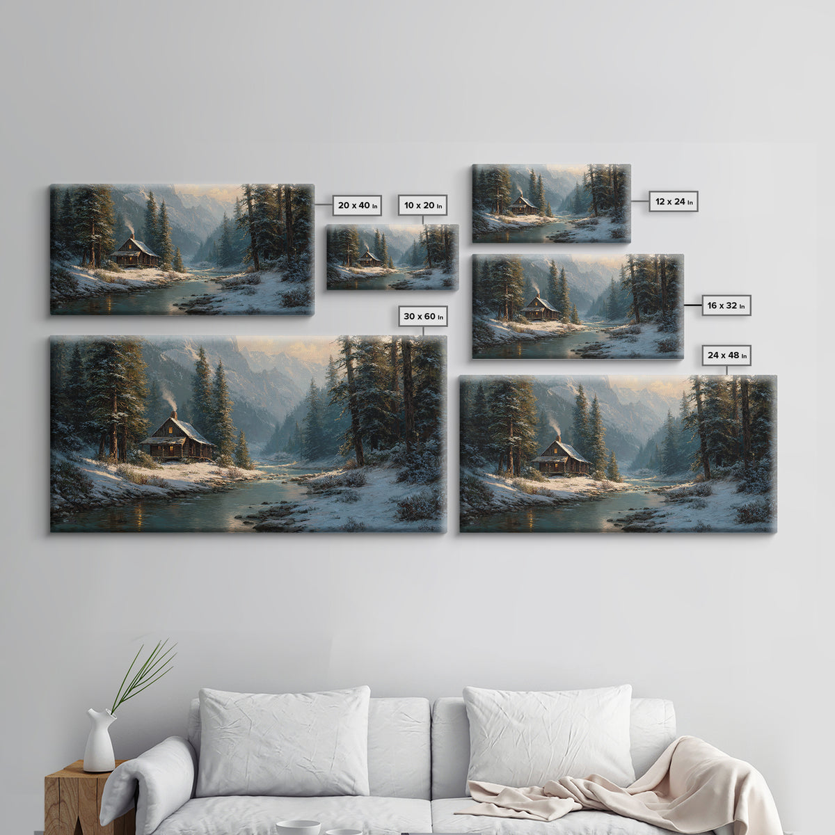 Rustic Winter Landscape Painting Of Cabin Beside Snowy Stream Large Wall Art Original Painting Canvas Print