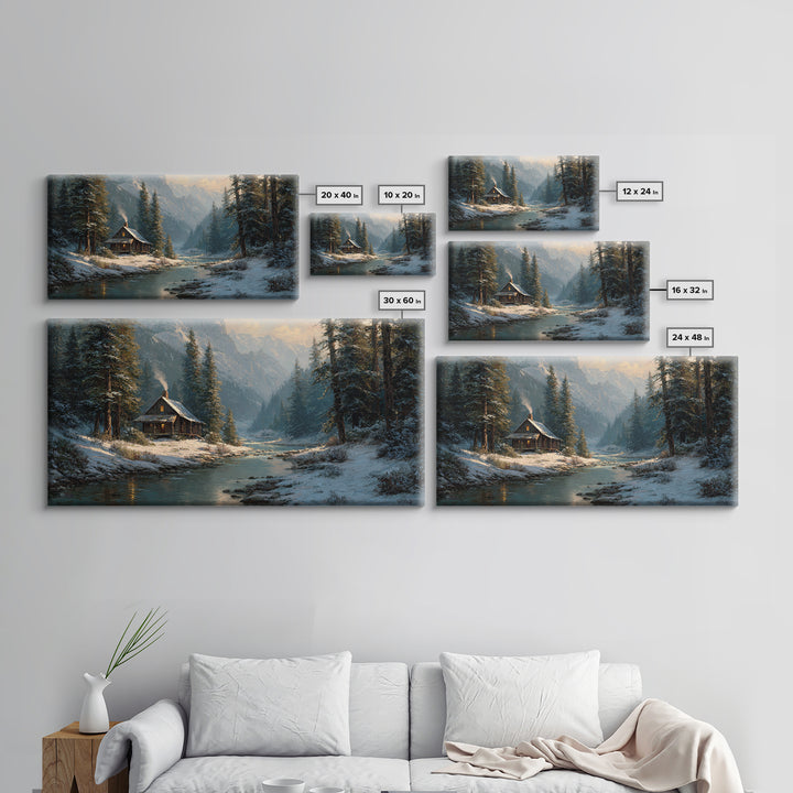 Rustic Winter Landscape Painting Of Cabin Beside Snowy Stream Large Wall Art Original Painting Canvas Print