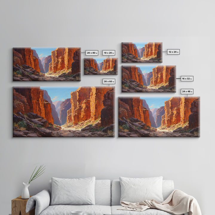 Majestic Canyon Landscape Oil Painting With Dramatic Cliff Sunlight And Shadows Large Wall Art Framed Canvas Print For Rustic Home Decor
