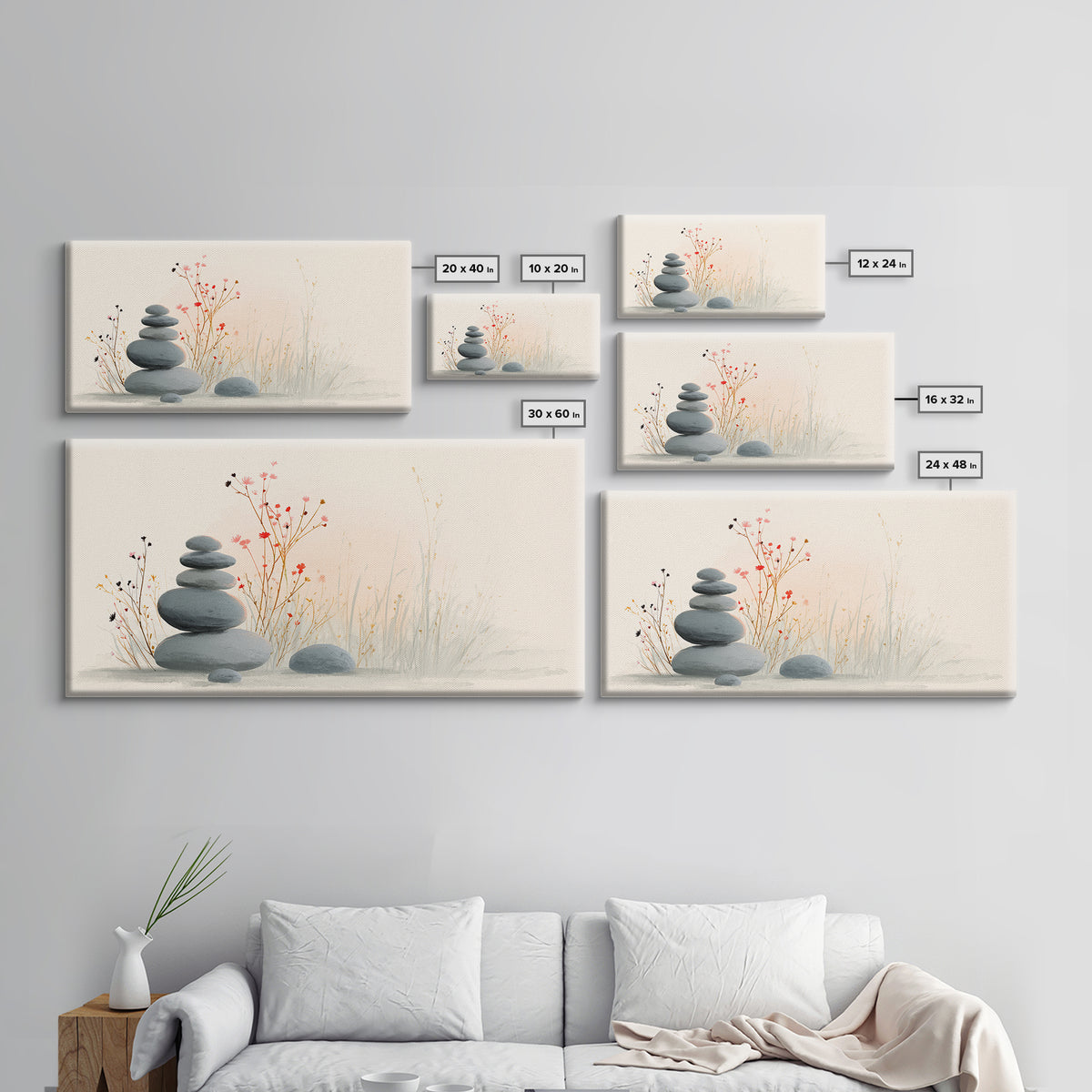 Stacked Zen Stones With Delicate Botanicals Wall Art, Minimalist Spa Decor, Calming Meditation Room Canvas Print, Neutral Home Decor