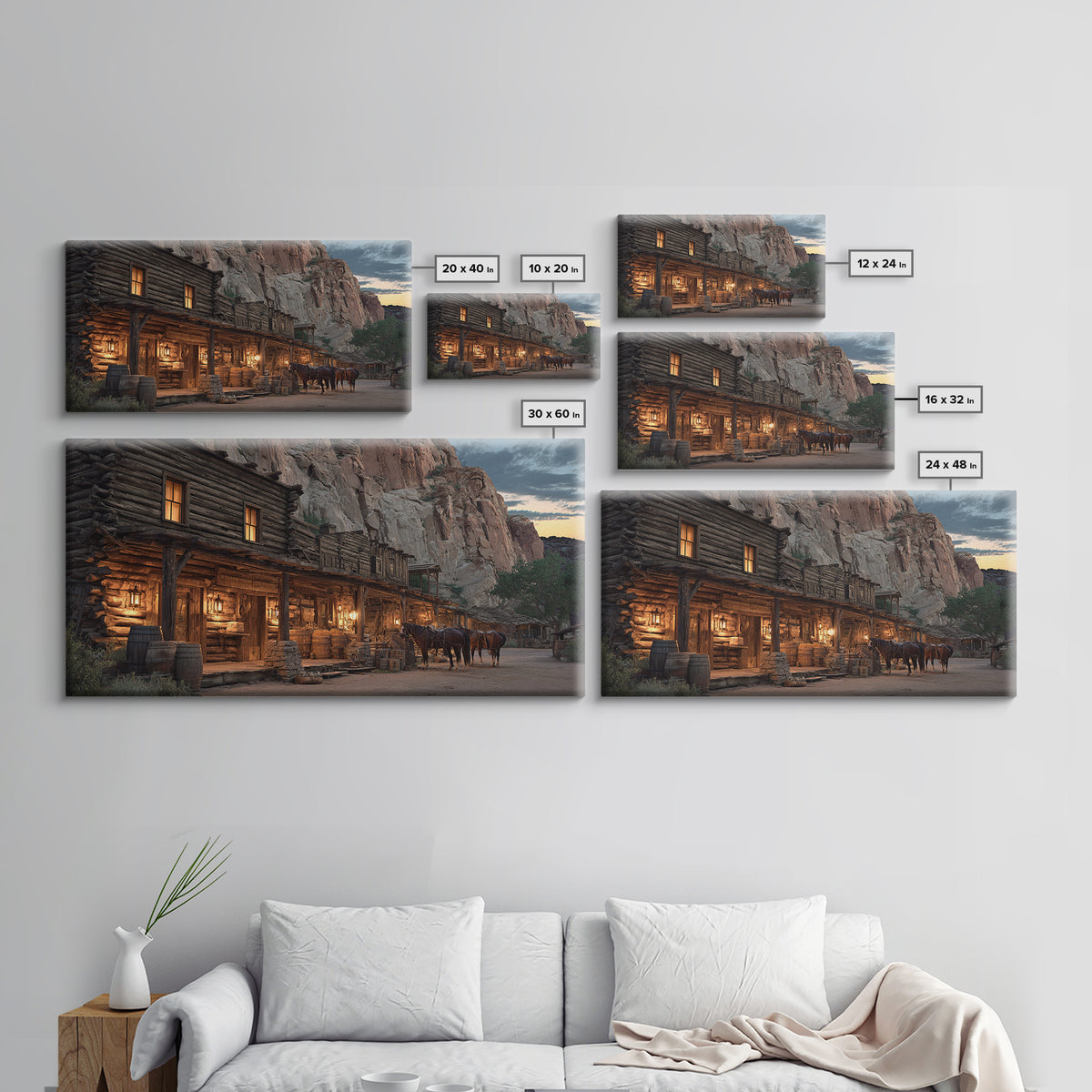 Historic Old Western Log Cabin With Horses At Dusk Wall Art Framed Canvas Print For Rustic Home Décor