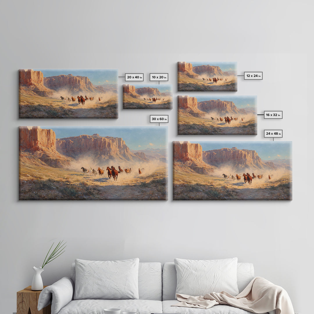 Dramatic Wild Horses Running Across Dusty Plains Majestic Western Landscape Wall Art Canvas Print for Rustic Home Decor