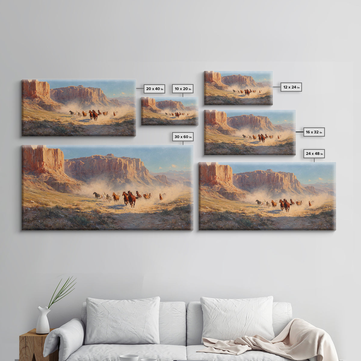 Dramatic Wild Horses Running Across Dusty Plains Majestic Western Landscape Wall Art Canvas Print for Rustic Home Decor