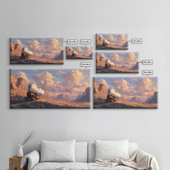 Vintage Steam Locomotive Train Crossing Desert Canyon Landscape Painting Canvas Print Rustic Wall Art