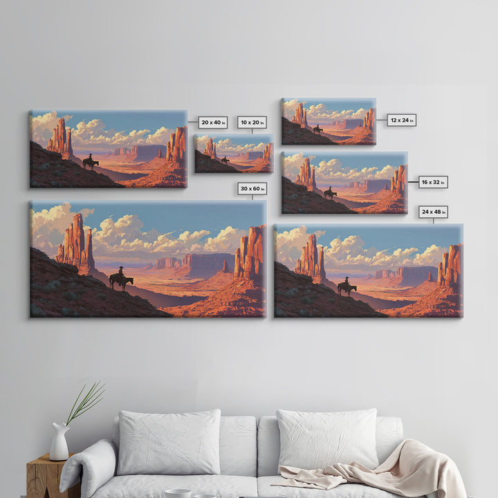 Cowboy On Horse Overlooking Majestic Red Rock Canyon Landscape Wall Art Framed Canvas Print For Rustic Home Decor