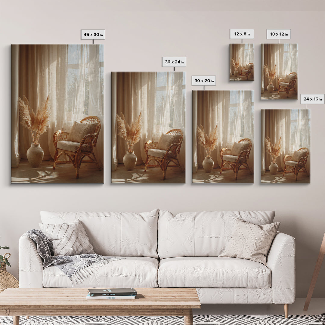Sunlit Rattan Chair With Pampas Grass Framed Canvas Print, Boho Wall Art, Neutral Home Decor, Cozy Bedroom Wall Decor Print