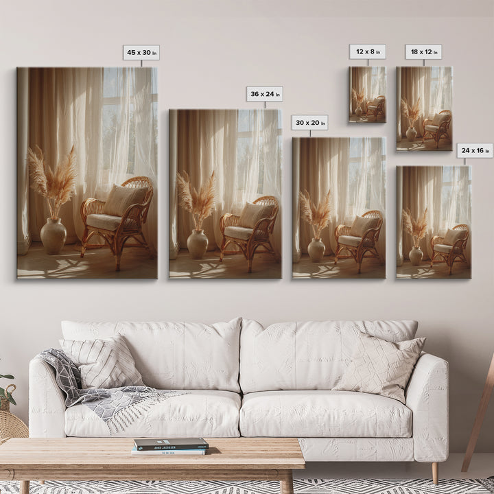 Sunlit Rattan Chair With Pampas Grass Framed Canvas Print, Boho Wall Art, Neutral Home Decor, Cozy Bedroom Wall Decor Print