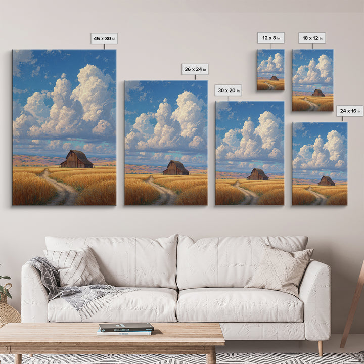 Quiet Serenity Of Rustic Barn In Golden Field Under Expansive Sky Wall Art Framed Canvas Print