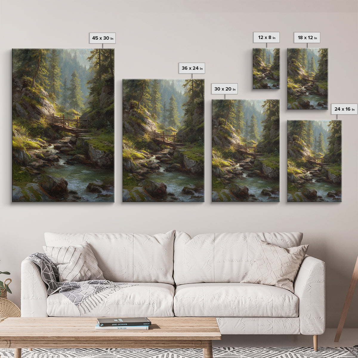 Peaceful Forest Stream Landscape Oil Painting With Bridge And Sunlight Fine Art Print Wall Art