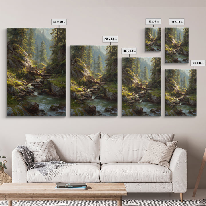 Peaceful Forest Stream Landscape Oil Painting With Bridge And Sunlight Fine Art Print Wall Art