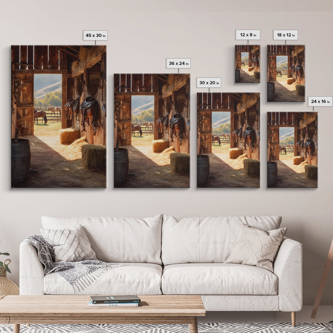 Warm Countryside Barn Interior With Horses Rustic Wall Art Framed Canvas Print Cozy Farmhouse Home Decor