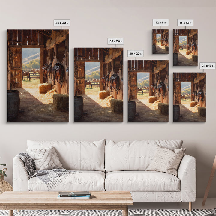 Warm Countryside Barn Interior With Horses Rustic Wall Art Framed Canvas Print Cozy Farmhouse Home Decor