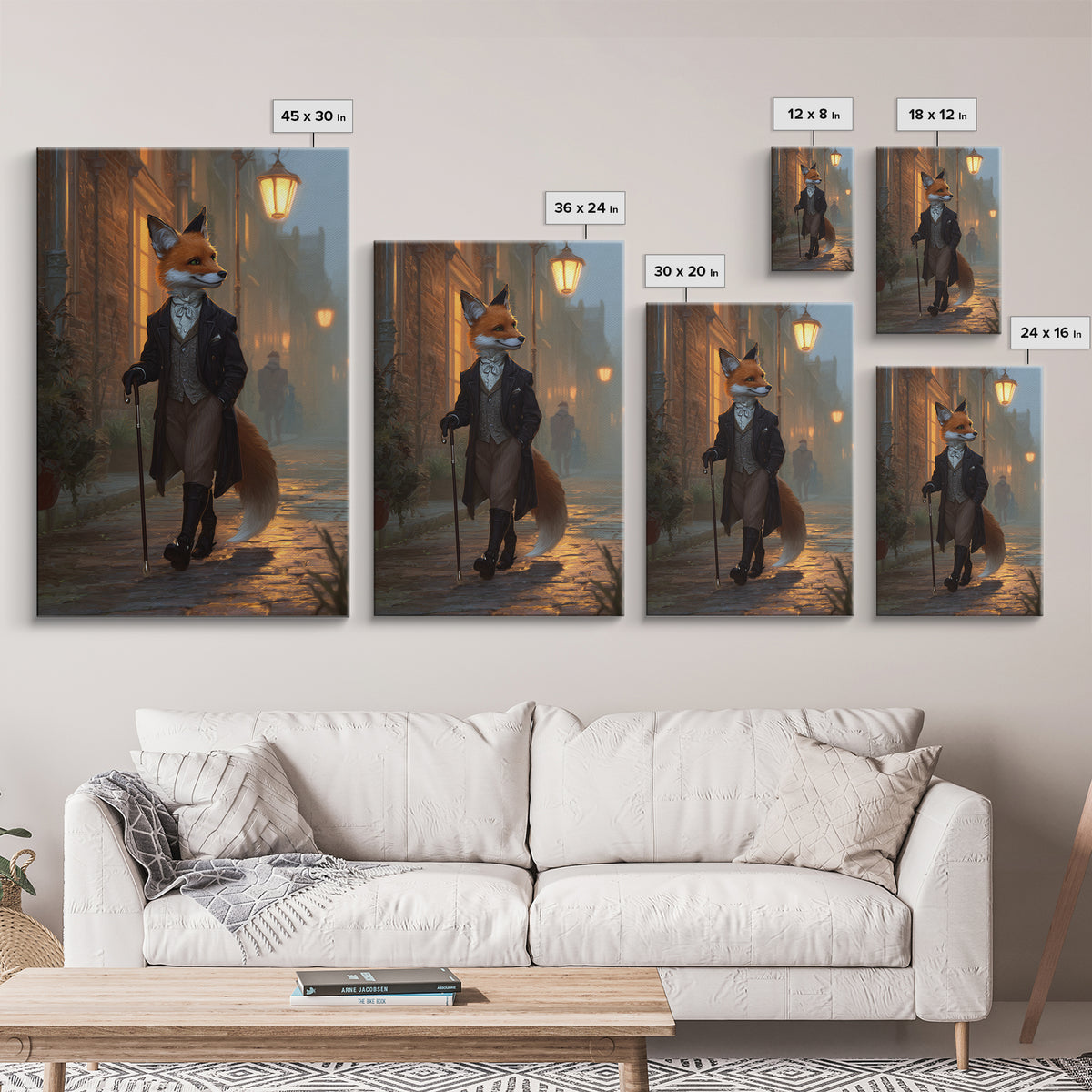 Victorian Fox Strolling Gaslit Street Wall Art, Dapper Animal Portrait, Dark Academia Decor, Whimsical Living Room Print