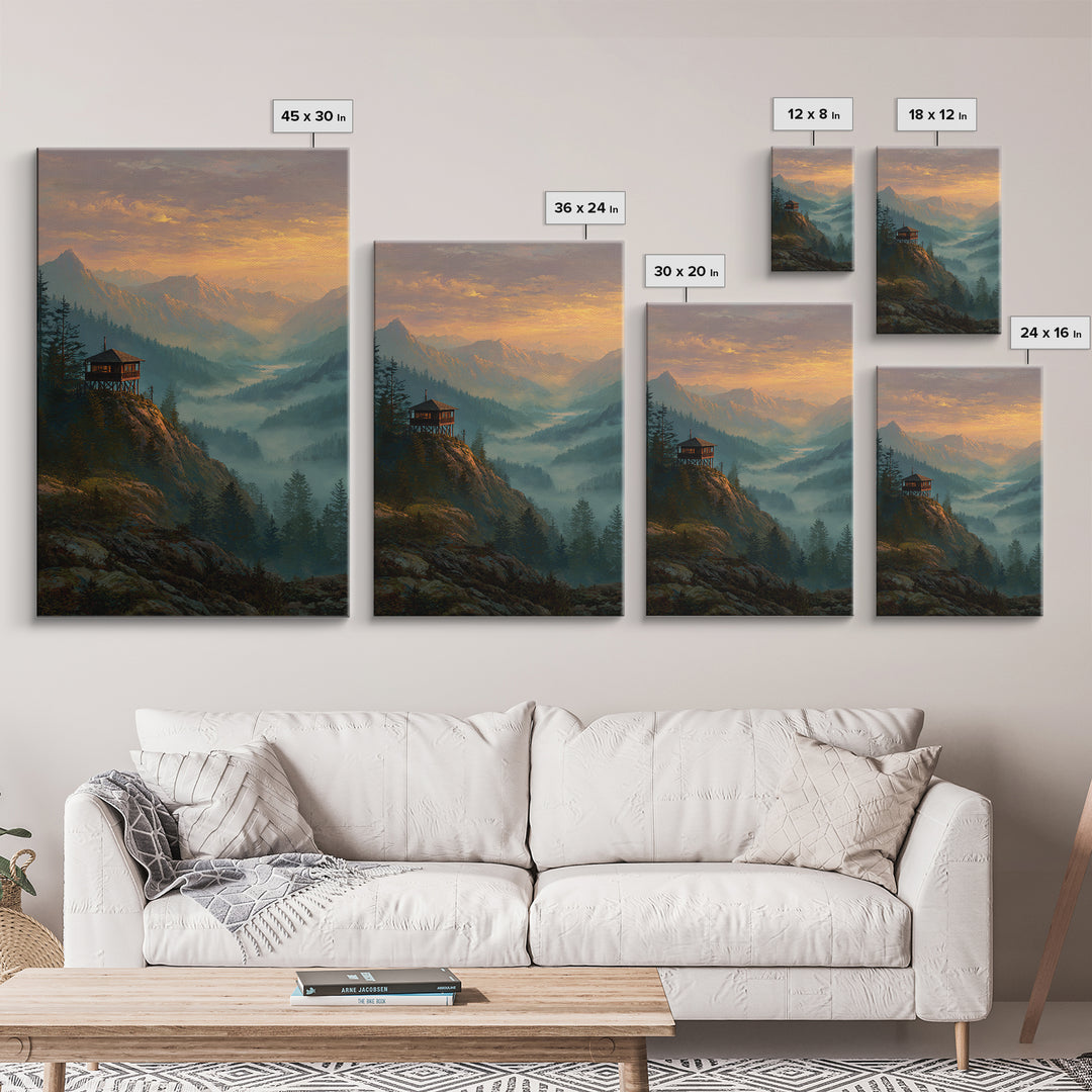 Serene Mountain Landscape At Sunset With Wooden Cabin Wall Art Framed Canvas Print For Living Room Decor