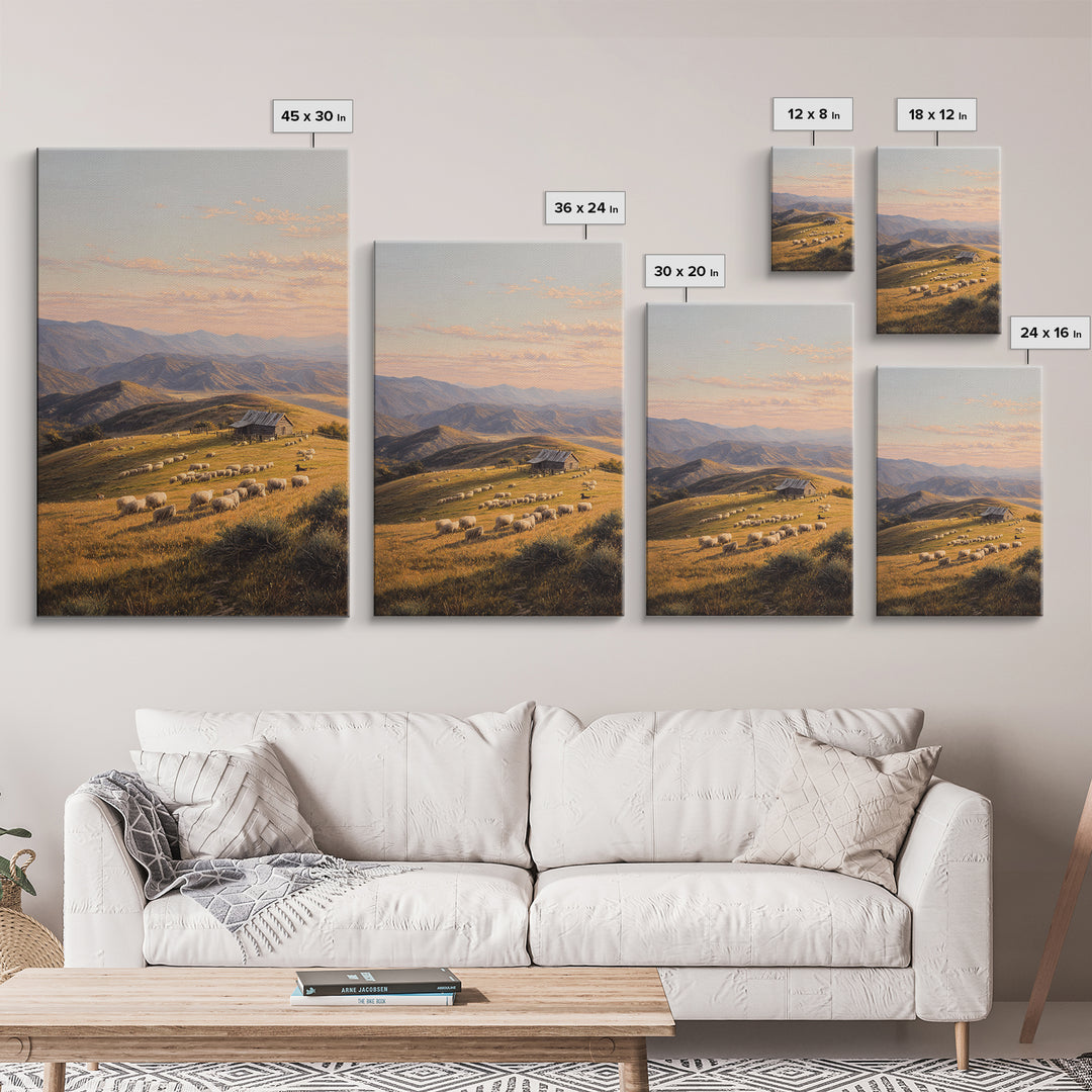 Golden Pastoral Sheep Field Landscape Wall Art Canvas Print Large Rustic Home Decor Countryside Painting Original Art