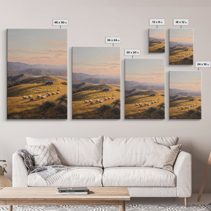 Golden Pastoral Sheep Field Landscape Wall Art Canvas Print Large Rustic Home Decor Countryside Painting Original Art