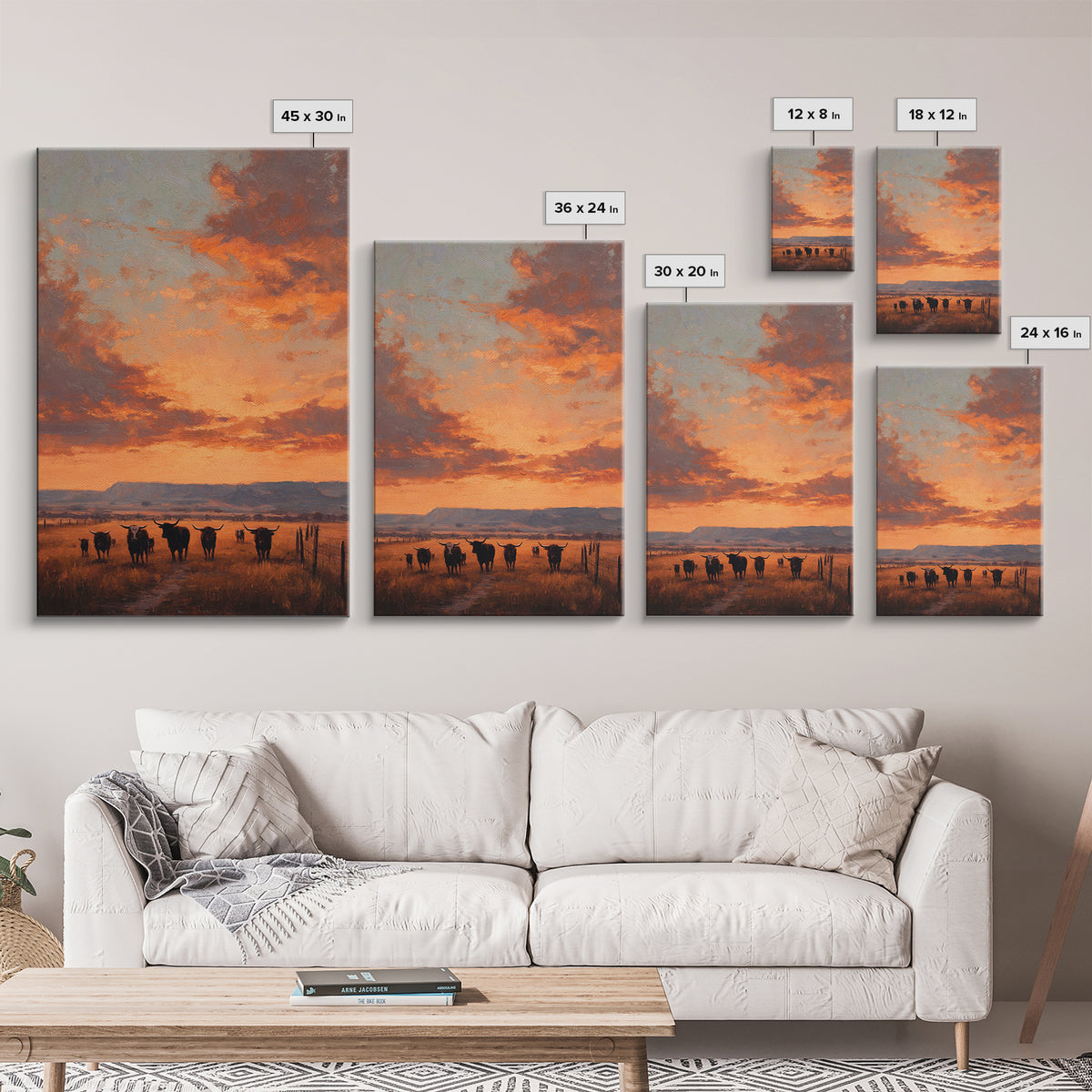 Rustic Western Sunset Landscape Painting With Longhorn Cows Framed Canvas Print For Country Home Decor And Farmhouse Wall Art