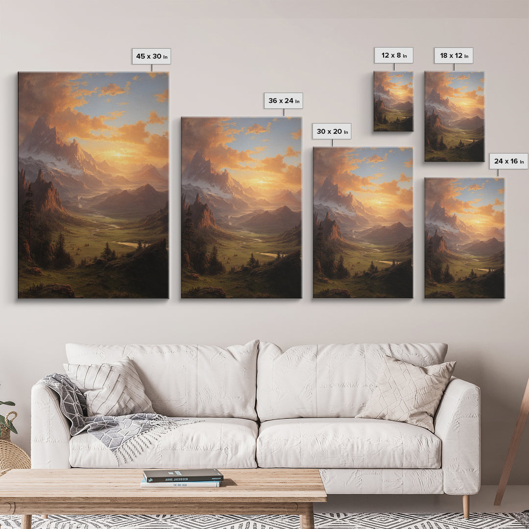 Romantic Mountain Valley Landscape Painting At Sunset Wall Art Print For Living Room Decor Framed Canvas Print Nature Home Decor