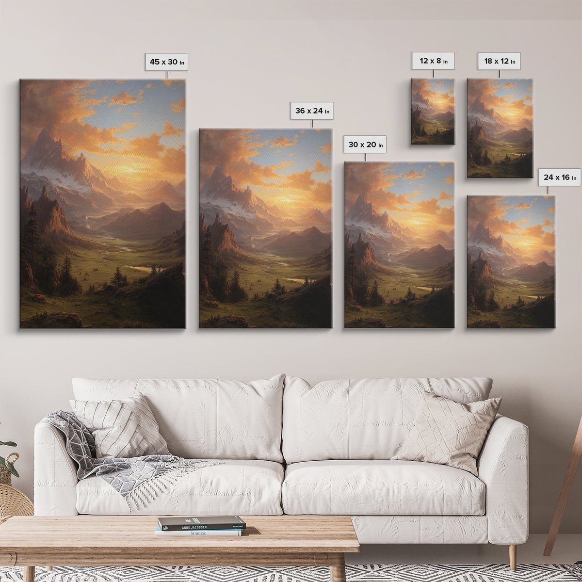 Romantic Mountain Valley Landscape Painting At Sunset Wall Art Print For Living Room Decor Framed Canvas Print Nature Home Decor