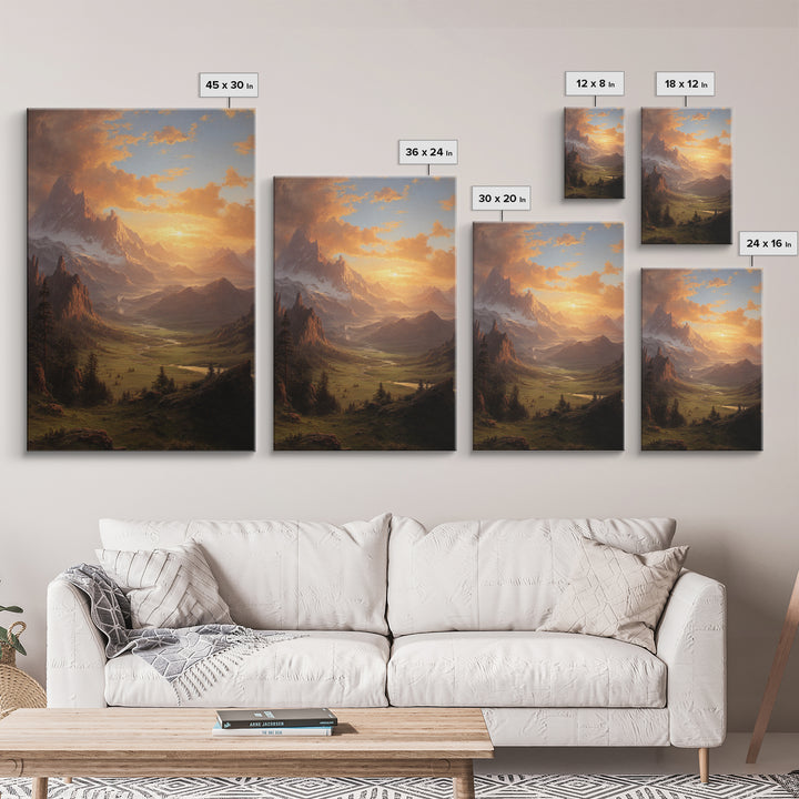Romantic Mountain Valley Landscape Painting At Sunset Wall Art Print For Living Room Decor Framed Canvas Print Nature Home Decor