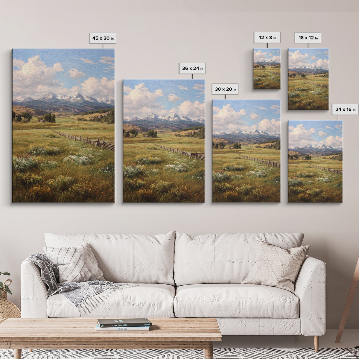 Classic Mountain Landscape With Meadow And River Oil Painting Wall Art Canvas Print For Traditional Rustic Living Room Decor