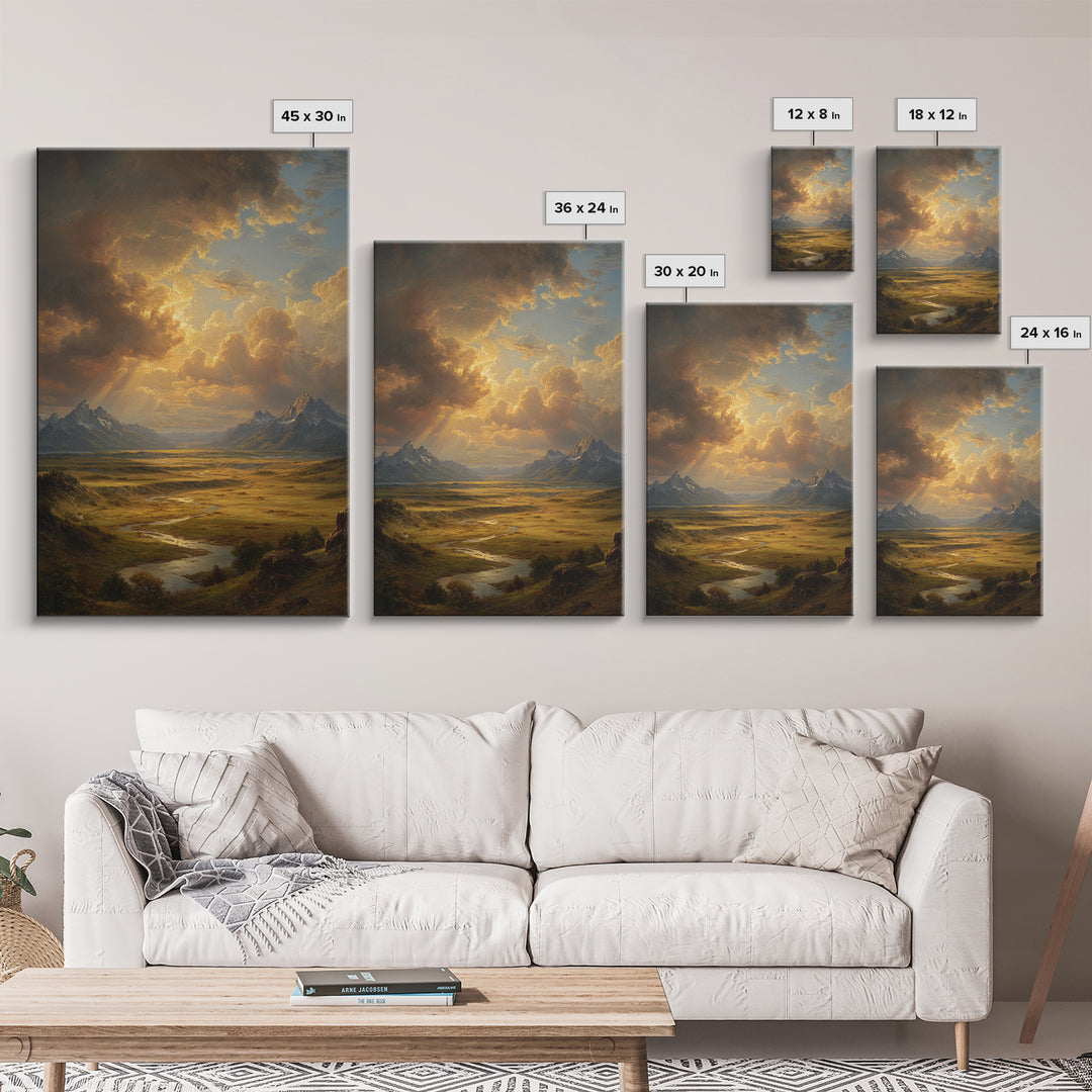 Sunlight Rays Breaking Through Cloudy Sky Over Vast Mountain Valley Framed Canvas Print For Nature Lovers