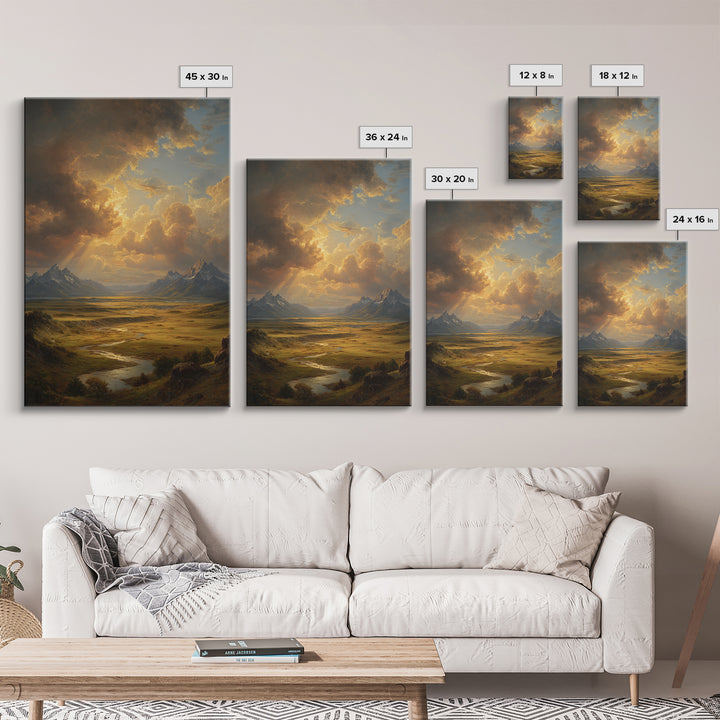 Sunlight Rays Breaking Through Cloudy Sky Over Vast Mountain Valley Framed Canvas Print For Nature Lovers