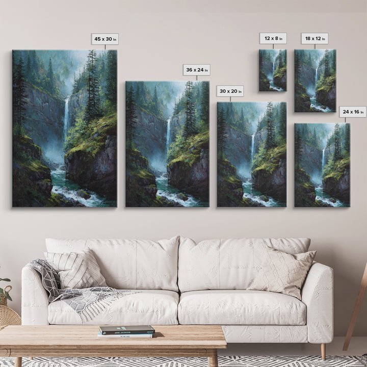 Beautiful Waterfall In Lush Forest Canvas Print, Serene Landscape Wall Art, Nature Inspired Modern Home Decor