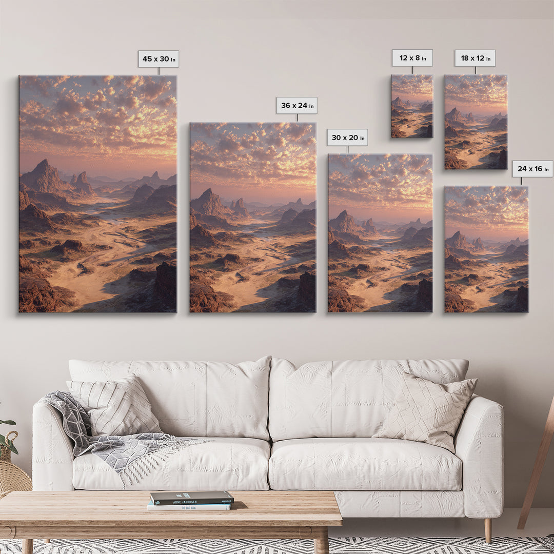 Majestic Desert Landscape With Dramatic Lighting Sunset Modern Wall Art Framed Canvas Print For Home And Office Decor