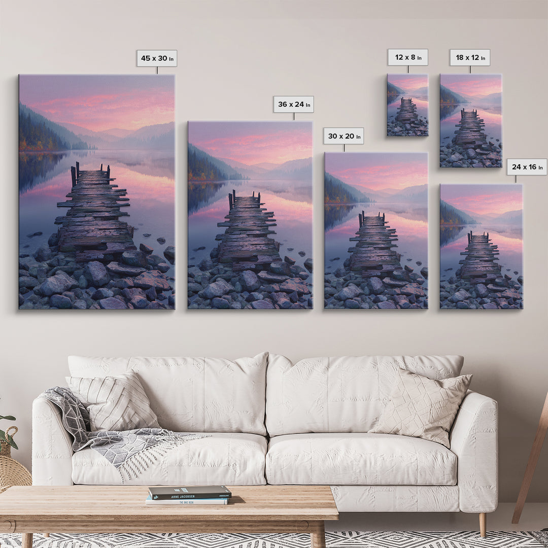 Peaceful Lakeside Dock Sunset Landscape Wall Art Canvas Print Serene Nature Wall Decor