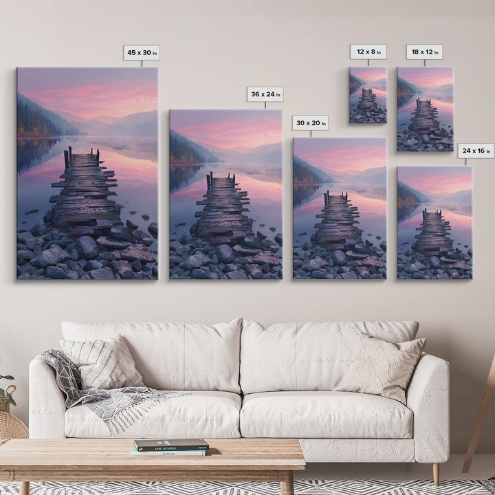 Peaceful Lakeside Dock Sunset Landscape Wall Art Canvas Print Serene Nature Wall Decor