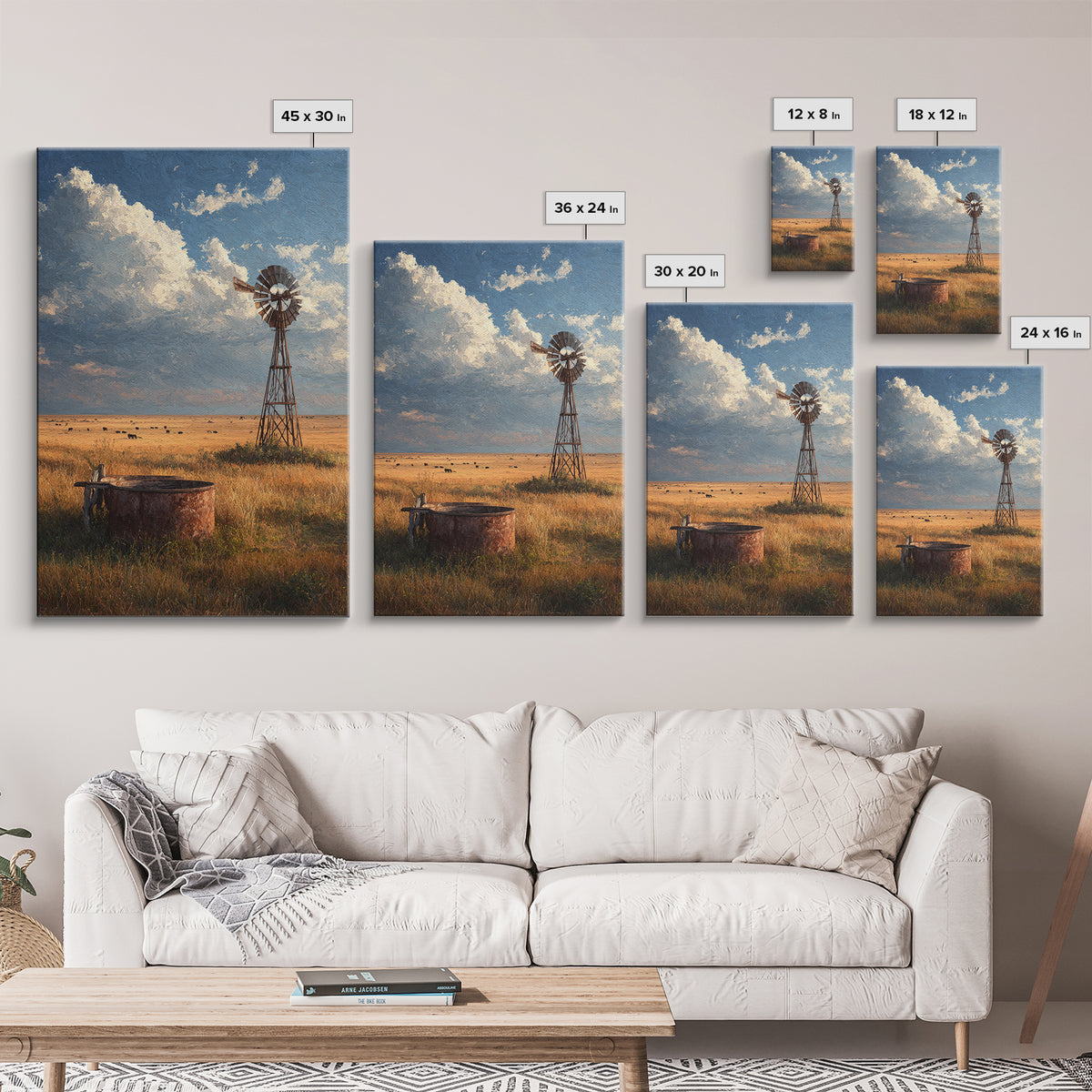 Rustic Windmill Landscape With Golden Fields Under Cloudy Sky - Large Wall Art Canvas Print Rustic Home Decor