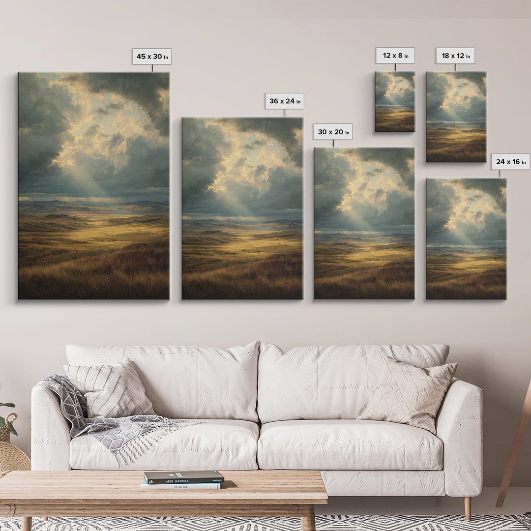 Magnificent Sunbeam Over Vast Meadow Landscape Painting Wall Art Large Canvas Print For Rustic And Farmhouse Decor