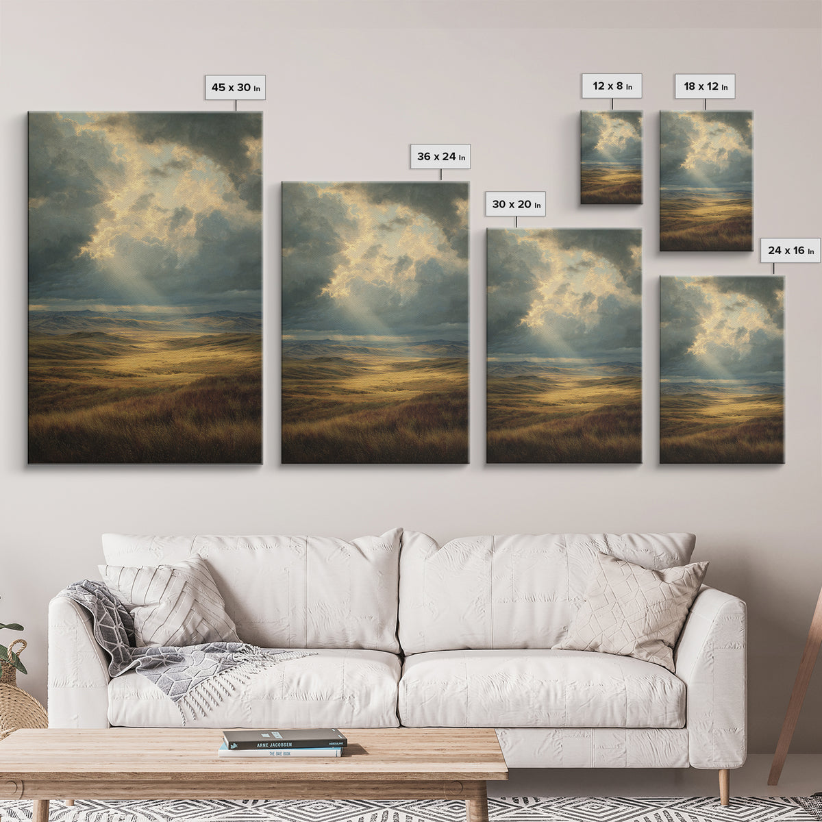 Magnificent Sunbeam Over Vast Meadow Landscape Painting Wall Art Large Canvas Print For Rustic And Farmhouse Decor