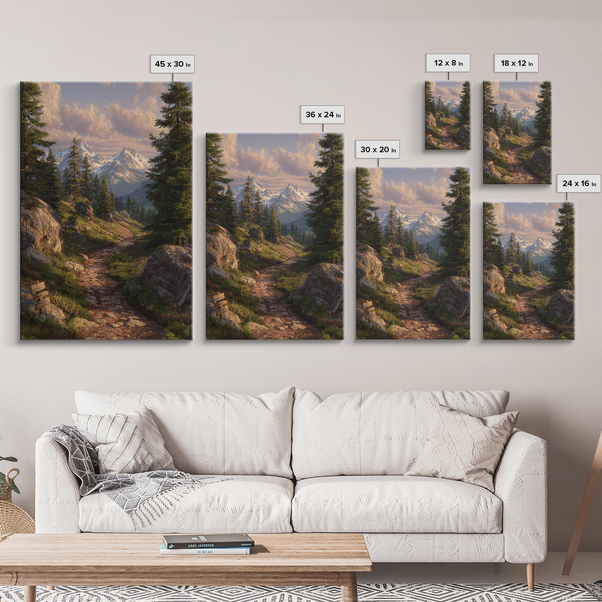Cozy Sunrise Mountain Trail Landscape Canvas Print Rustic Wall Art With Sunlit Pines And Rocks For Cabin Or Living Room Decor