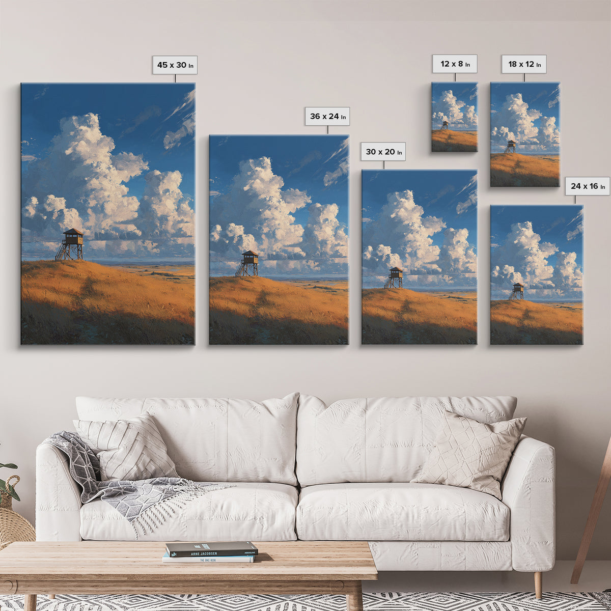Blue Sky With Clouds Over Rustic Watchtower In Field Landscape Wall Art Original Canvas Print