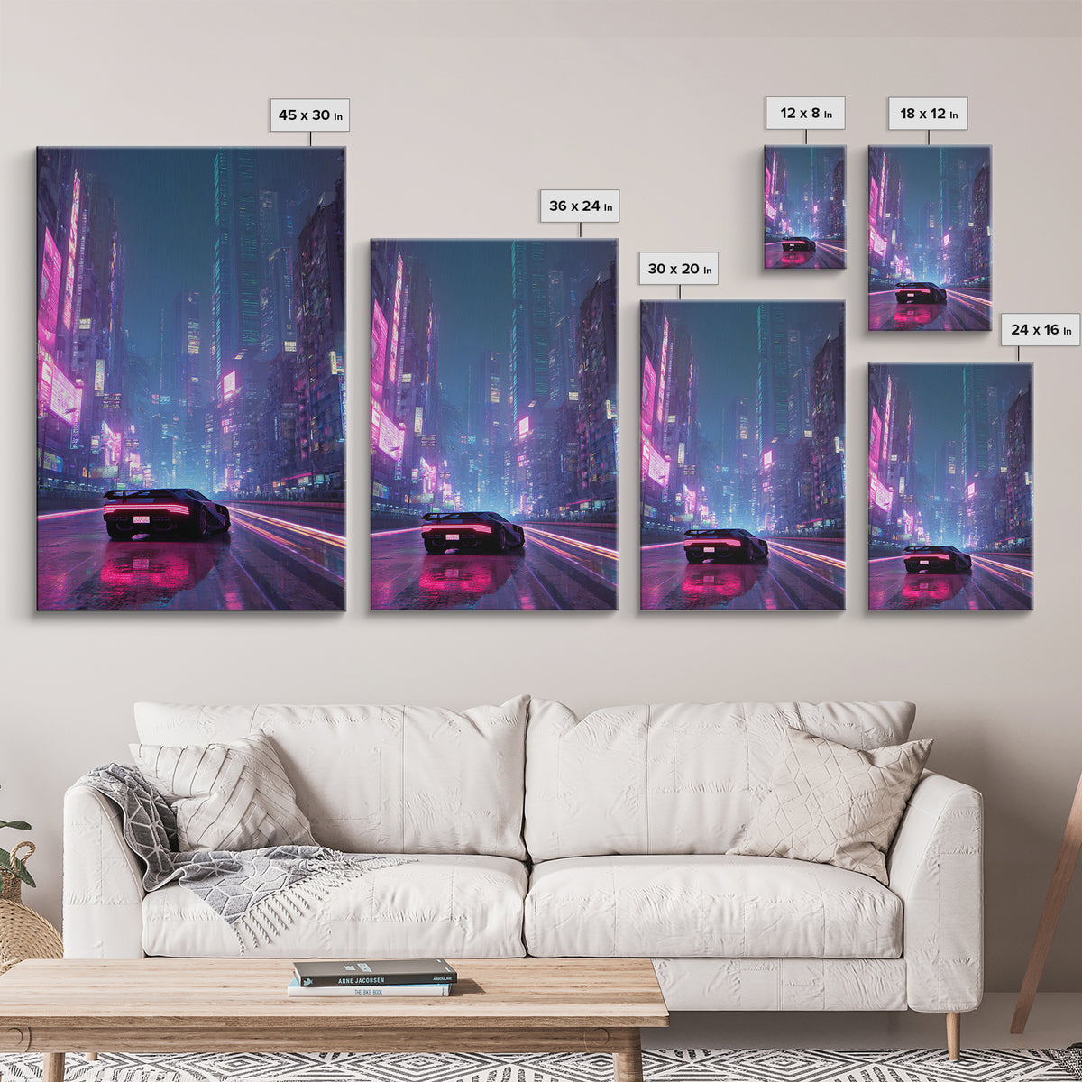 Futuristic Cyberpunk Car Racing Through Neon Lit Rainy City Streets Canvas Print For Trendy Wall Art