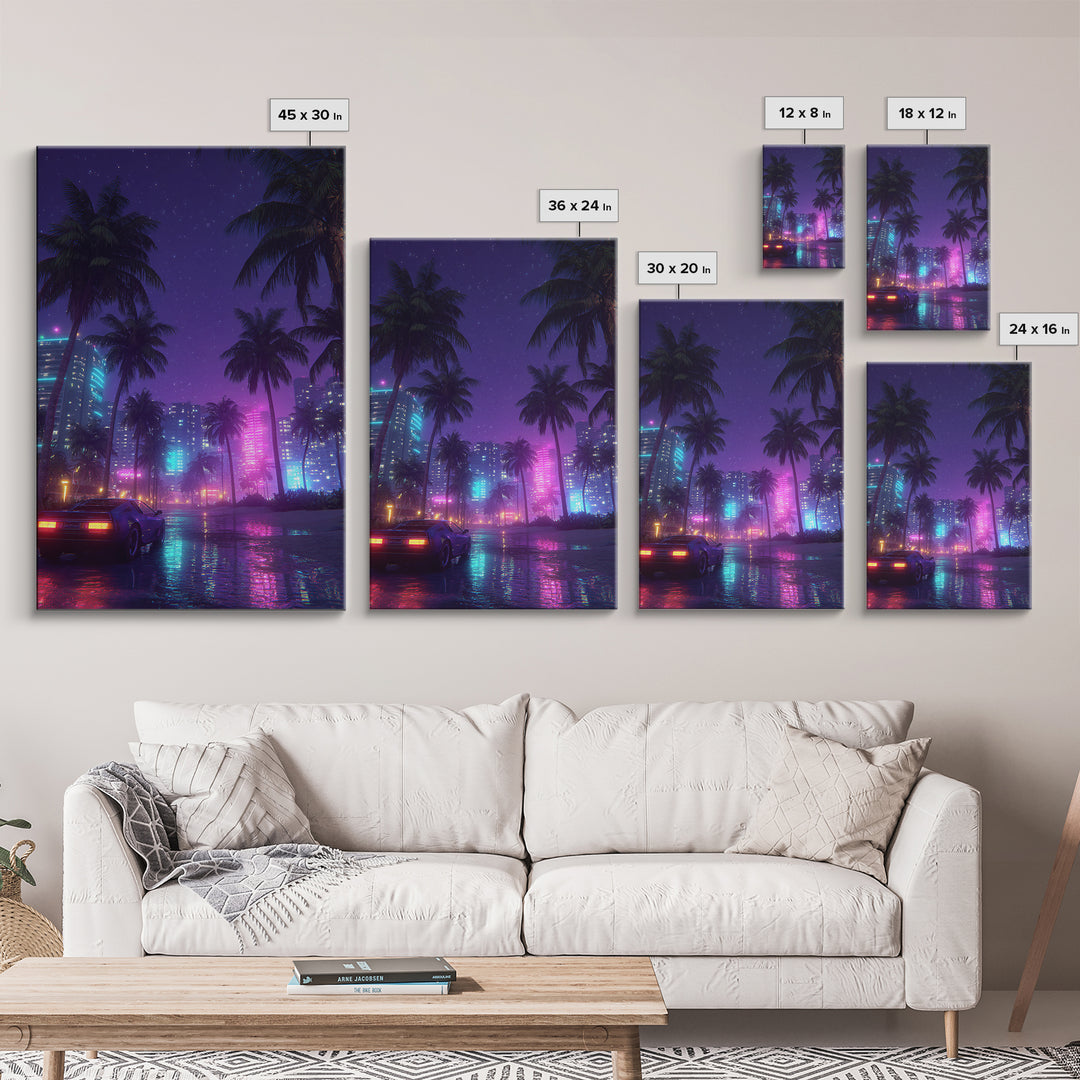 Neon Cityscape With Palm Trees And Retro Sports Car Large Wall Art Framed Canvas Print Vibrant Modern Home Decor