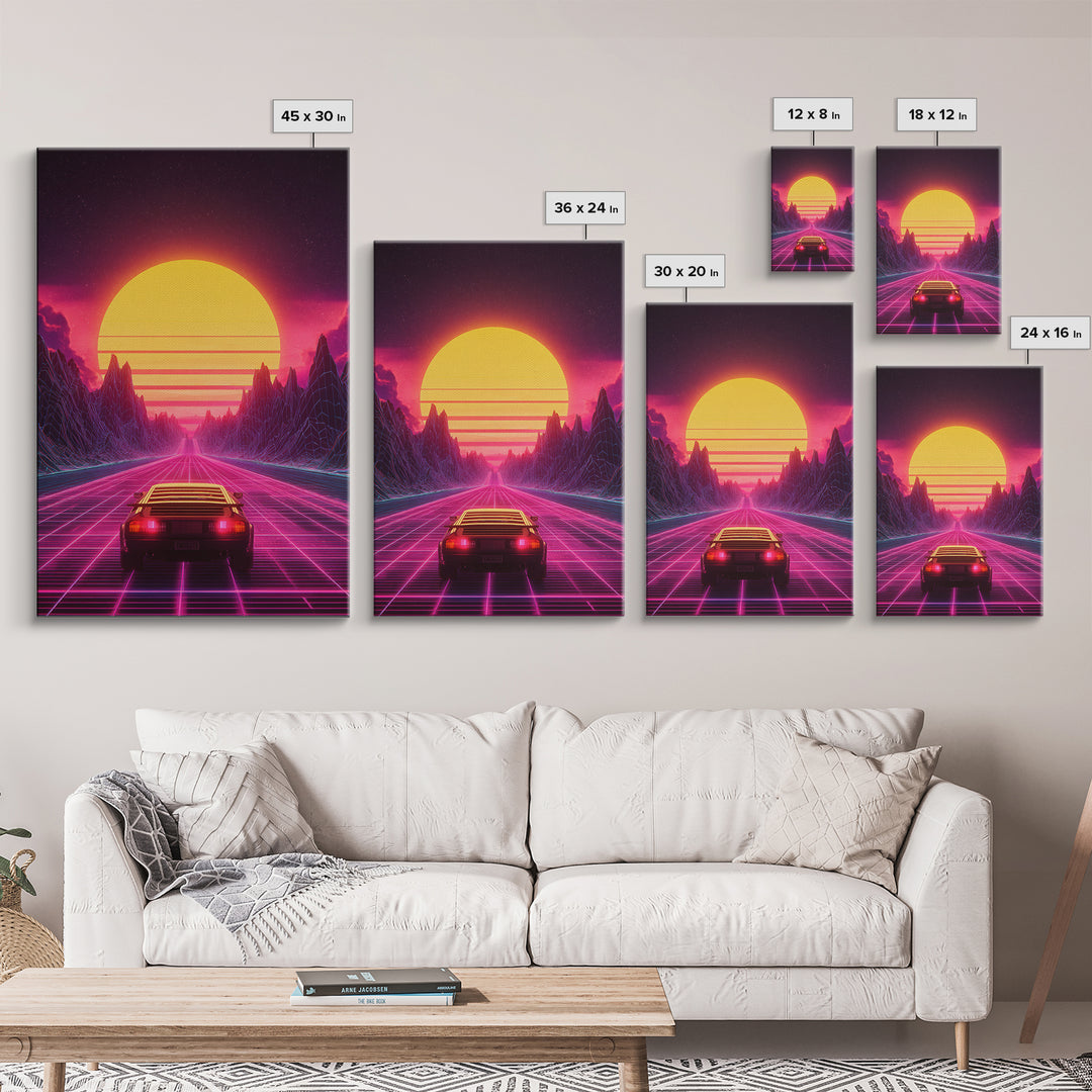 Retro Futuristic Neon Sunset Landscape With Car Driving On Road Wall Art Canvas Print Modern Home Decor For Living Room