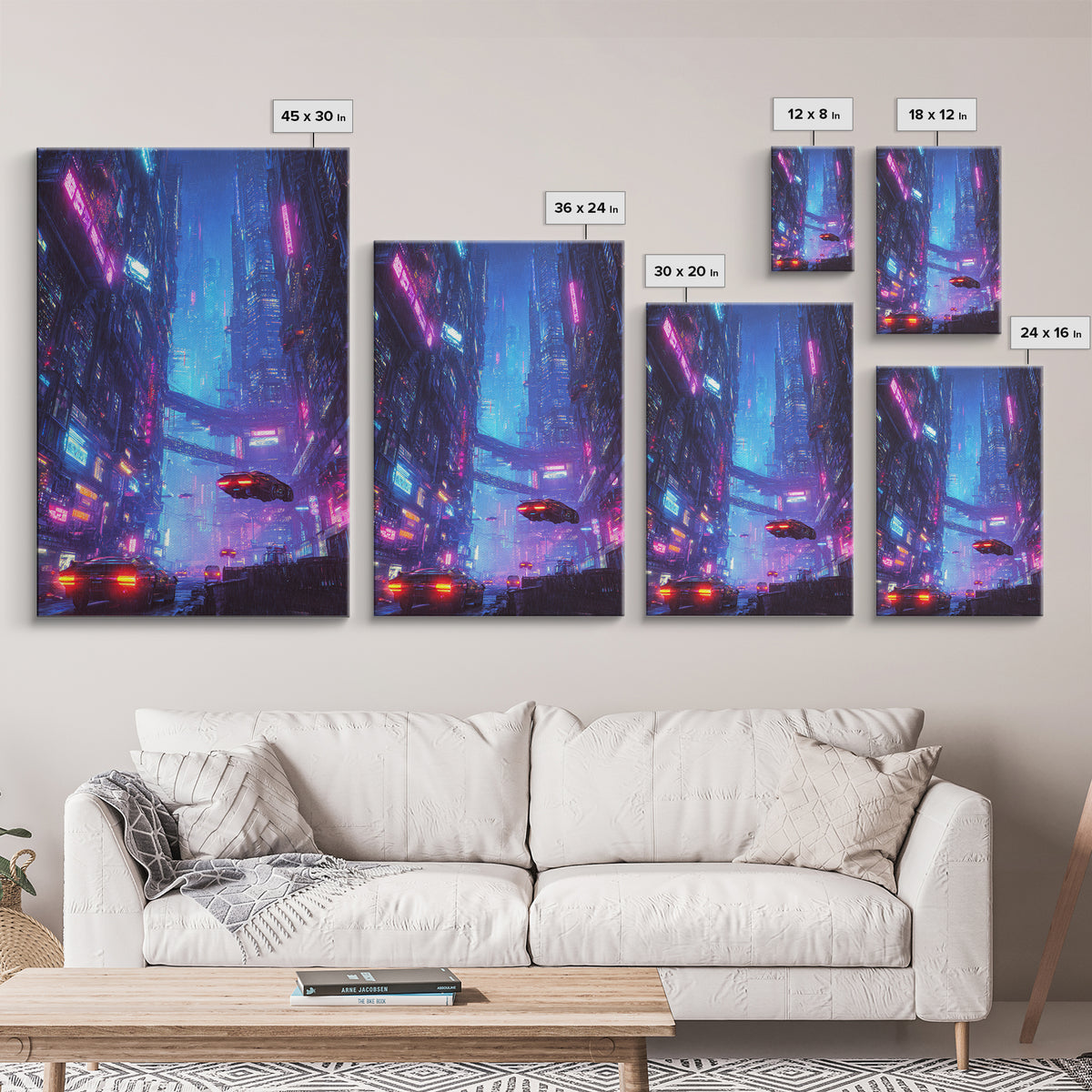 Cyberpunk Cityscape Night Scene Neon Lights Digital Wall Art Framed Canvas Print for Modern Home Decor