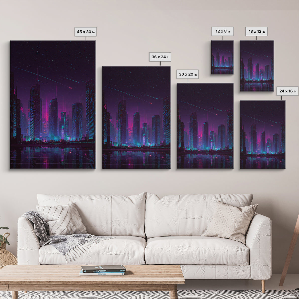 Cyberpunk Neon Cityscape Night Scene With Reflective Water And Shooting Stars Modern Wall Art For Office And Living Room Canvas Print