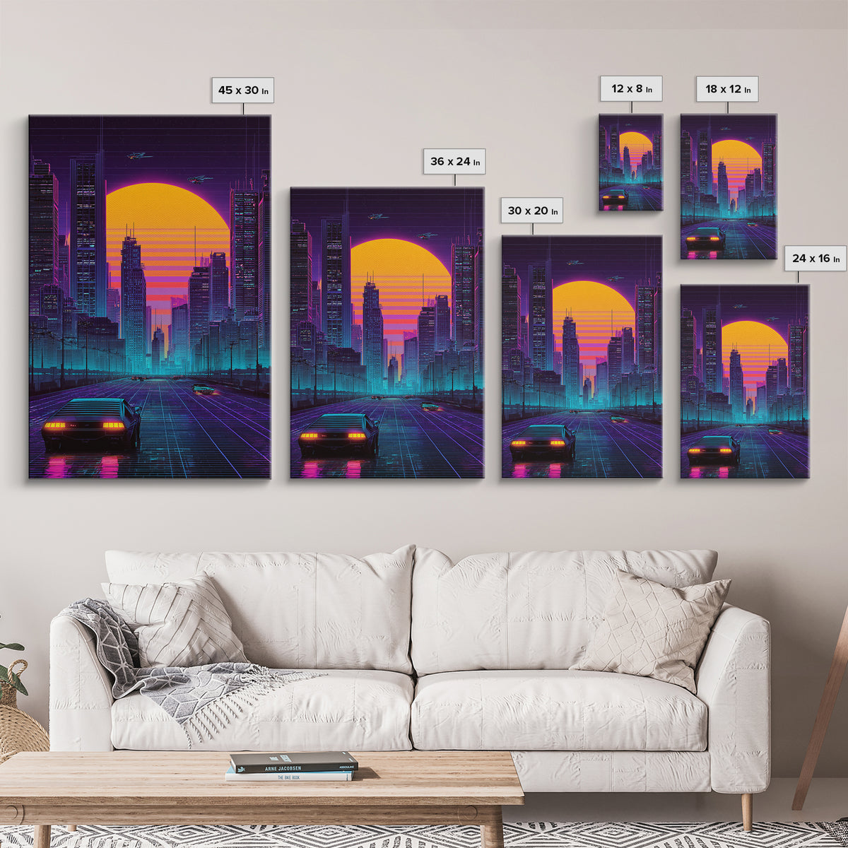 Futuristic Cityscape Digital Artwork With Neon Lights And Retro Sunset Beautiful Contemporary Wall Art Print For Office Decor