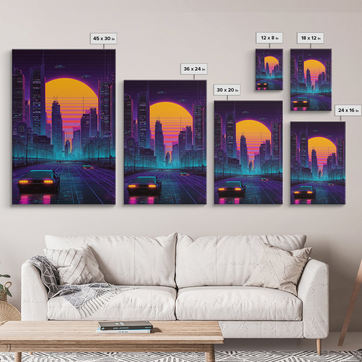 Futuristic Cityscape Digital Artwork With Neon Lights And Retro Sunset Beautiful Contemporary Wall Art Print For Office Decor