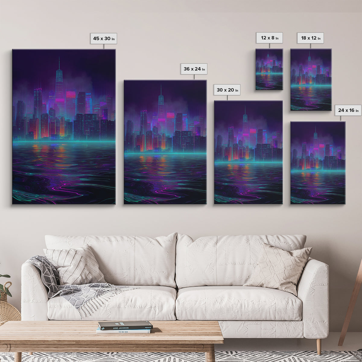 Neon Cyberpunk Cityscape With Reflections Futuristic Digital Wall Art Framed Canvas Print