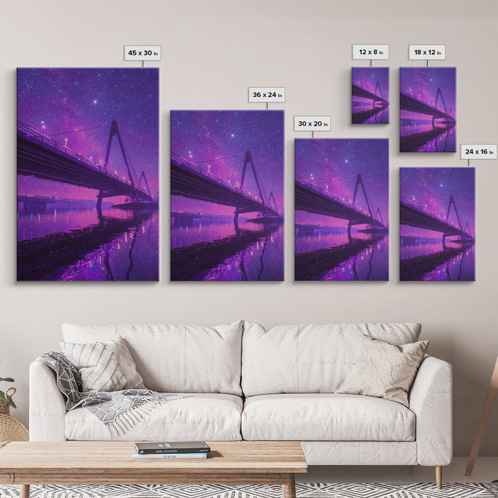 Digital 80s Style Neon Mountain Landscape With Purple Glowing River Wall Art Framed Canvas Print For Retro Modern Home Decor