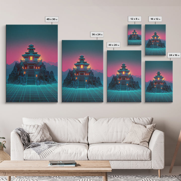 Futuristic Cyberpunk Japanese Temple Digital Artwork Wall Art Vibrant Canvas Print Perfect For Modern Home Decor